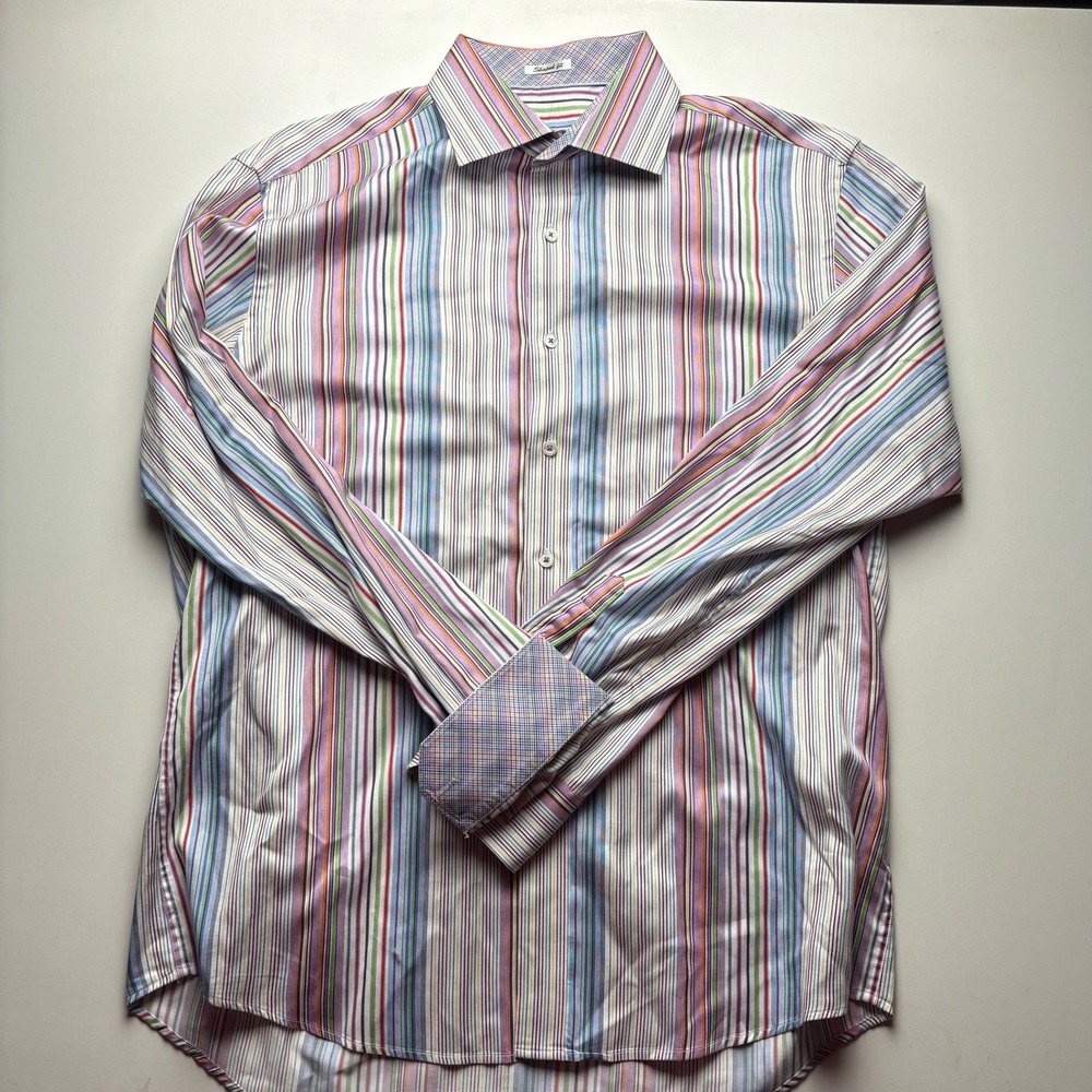 Bugatchi‎ Men's XL Shaped Fit Striped Long Sleeve Dress Shirt Multi Color Cotton